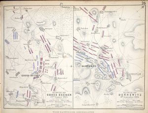 Mapy bitvy u Gross Beeren a bitvy u Dennewitz, vydané Williamem Blackwoodem a syny, Edinburgh und London, 1848 (ručně kolorovaná rytina)